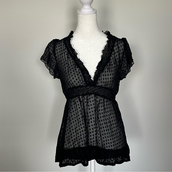 BCBG MaxAzria Black Sheer Polka Dot Flutter Sleeve Smocked Waist Blouse Size S - Picture 5 of 7